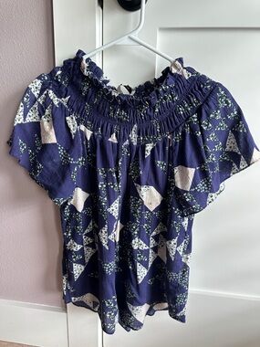 Madewell Smocked Off-Shoulder Blouse in Purple & Cream